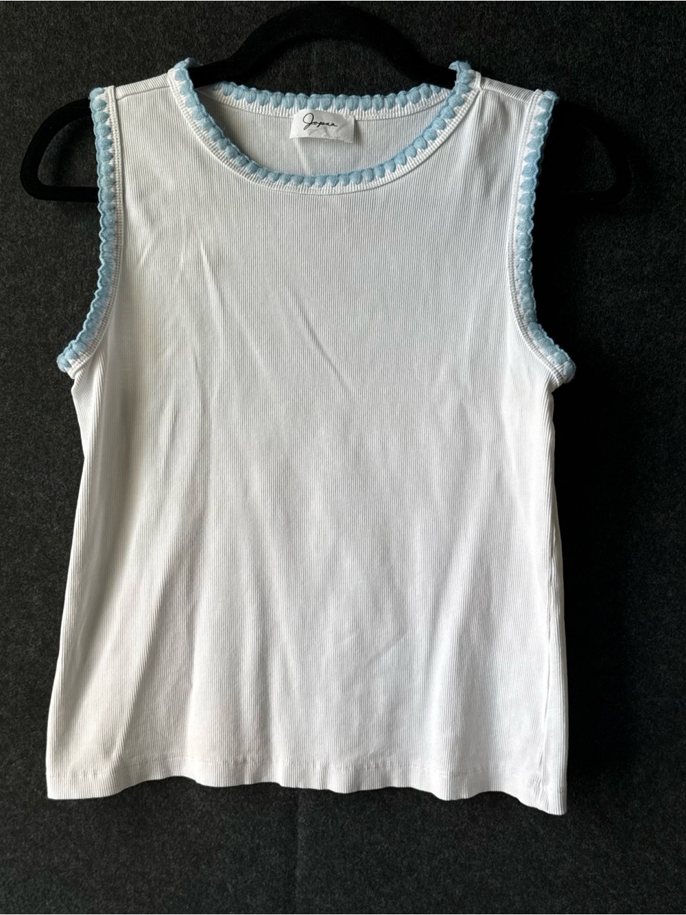 Japna White Ribbed Tank Top with Blue Trim Accents